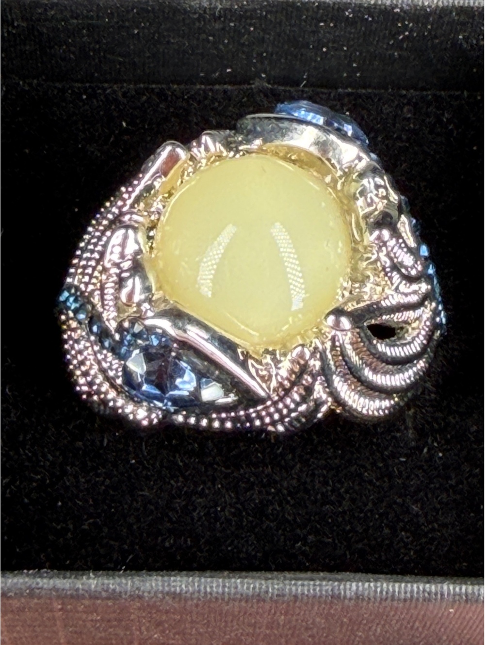 vintage style fashion jewelry silver ring with yellow and blue gemstones, size 9